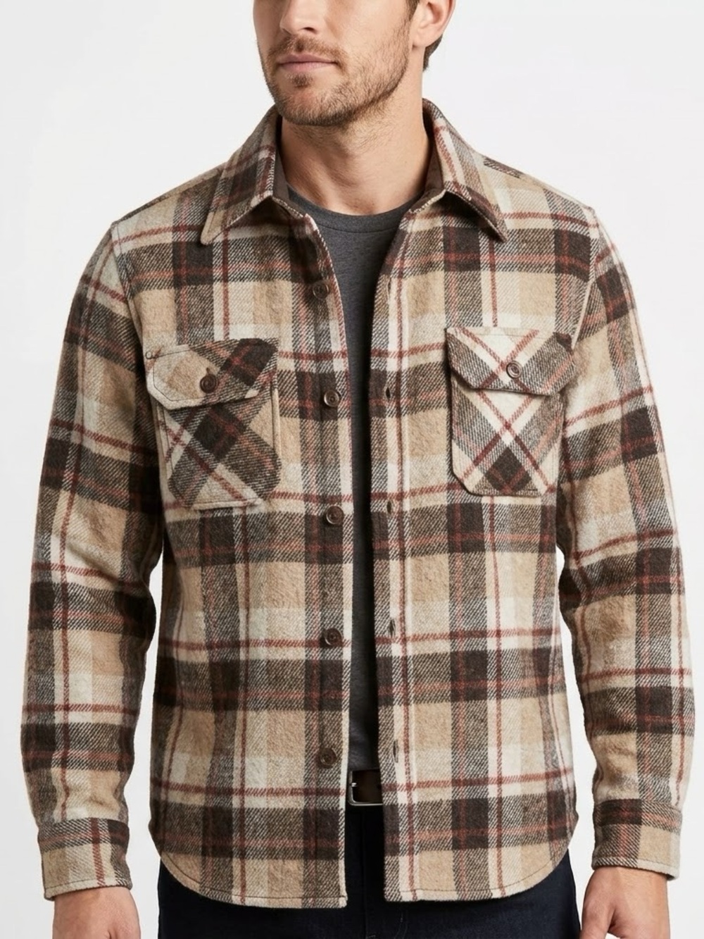 Vintage JCPenney Heavyweight Plaid Wool Blend Flannel CPO Jacket Small Brown